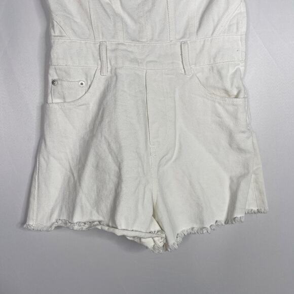 Papermoon Small S White Strapless Denim Romper Shorts Cotton Pockets Chic - Picture 4 of 11